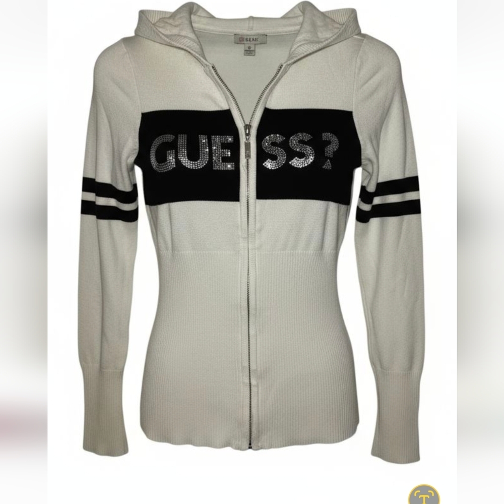 GUESS Sparkle Logo Athletic Zip Jacket in Cream & Black